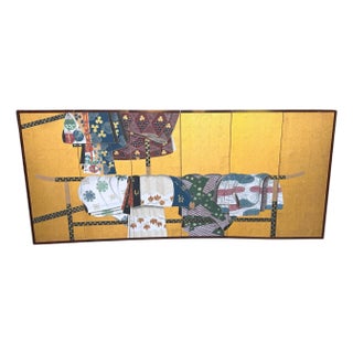 Japanese Six-Panel Byōbu/ Screen Depicting Kimonos and Obi Draped on an Ikō Rac For Sale