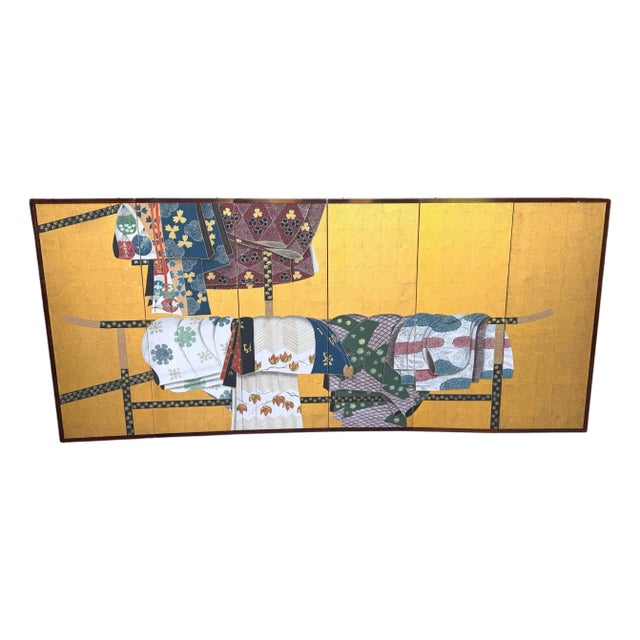 Japanese Six-Panel Byōbu/ Screen Depicting Kimonos and Obi Draped on an Ikō Rac For Sale