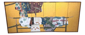 Japanese Six-Panel Byōbu/ Screen Depicting Kimonos and Obi Draped on an Ikō Rac