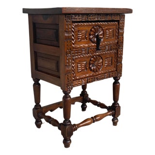 Antique Spanish Carved Walnut End Table or Nightstand with 2 Drawers For Sale
