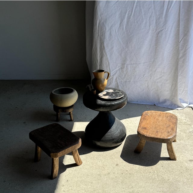 Small stool, rectangular rounded wabi-sabi style side stool in solid teak. Minimalist, raw design, a beautiful piece...