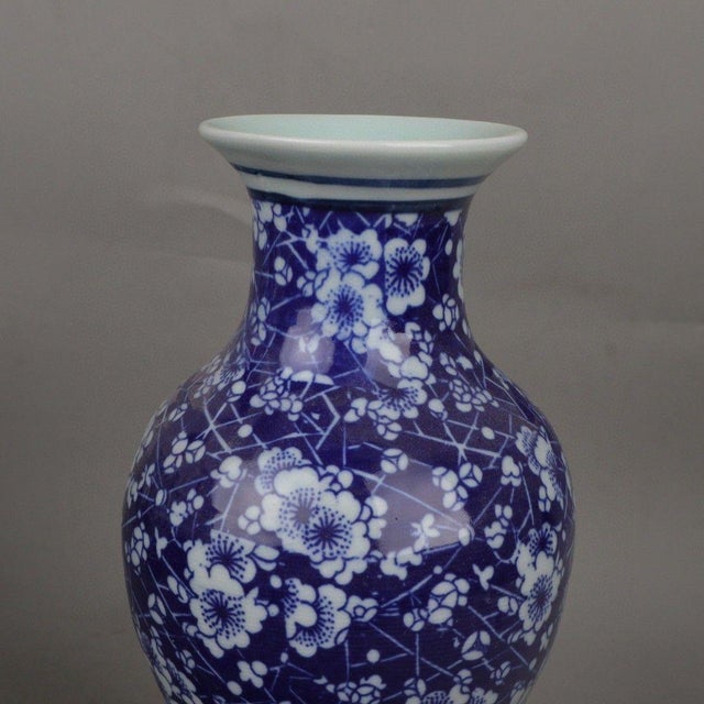 Pair of Vintage Chinese Blue & White "Ice and Plum" Fish Tail Vases For Sale - Image 4 of 9