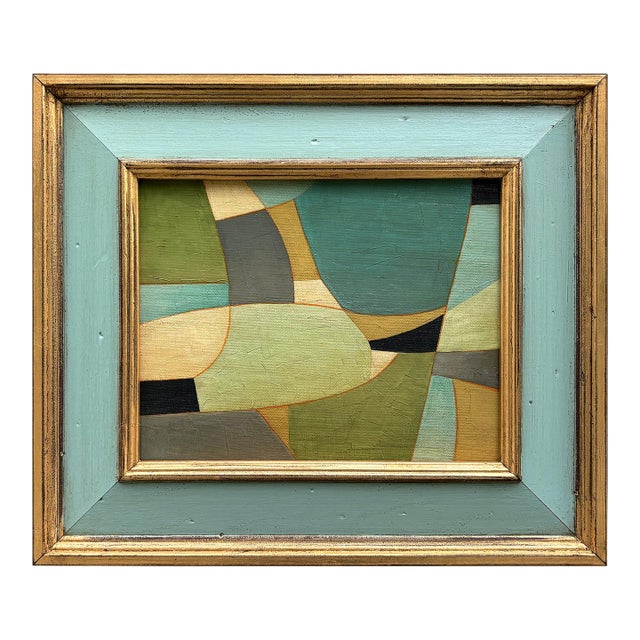 Contemporary Abstract Oil Painting in Vintage Blue Painted Frame For Sale