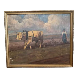 Antique Impressionist Landscape Oil Painting Oxen Working in the Field 1941