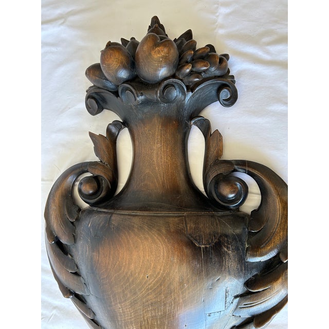 Brown Pair of Monumental Neoclassical Carved Wood Urn Wall Plaques, 19th Century For Sale - Image 8 of 12