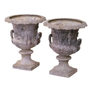 Pair of Mid-Century French Weathered Cast Lead Garden Urn Planters For Sale