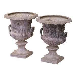 Pair of Mid-Century French Weathered Cast Lead Garden Urn Planters