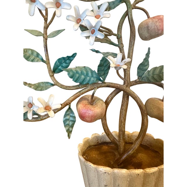 English Vintage Italian Tole Espalier / Espaliered Tree Sculpture, Fruit Tree, Bird, Blossoms, & Apples in Scalloped Oval Pot For Sale - Image 3 of 7