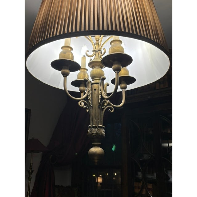Maitland - Smith Late 20th Century Maitland-Smith Four Light Bouillotte Chandelier, Large Hand Made Silk Shade, Unique Architectural Design, Burnished Bronze Finish For Sale - Image 4 of 14