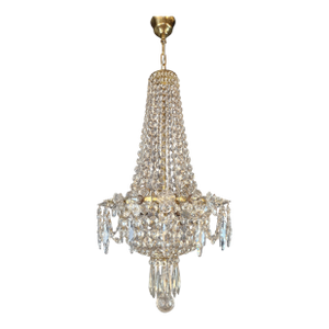 1940s Art Deco Empire Waterfall Chandelier Crystal Sac a Pearl Lamp Lustre Brass