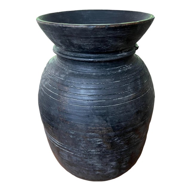 1960s Rustic Black Hand Turned Wood Honey Pot/Vase For Sale