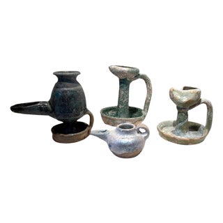 Collection of Four Persian Glazed Ceramic Oil Lamps For Sale
