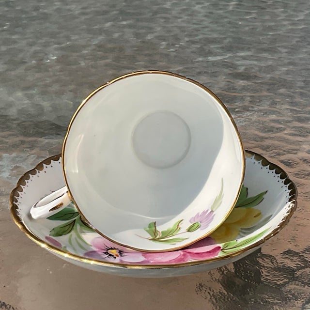 1940s Tuscan Hand Painted Signed by Artist Teacup and Saucer Made in England, Circa 1947 For Sale - Image 4 of 7