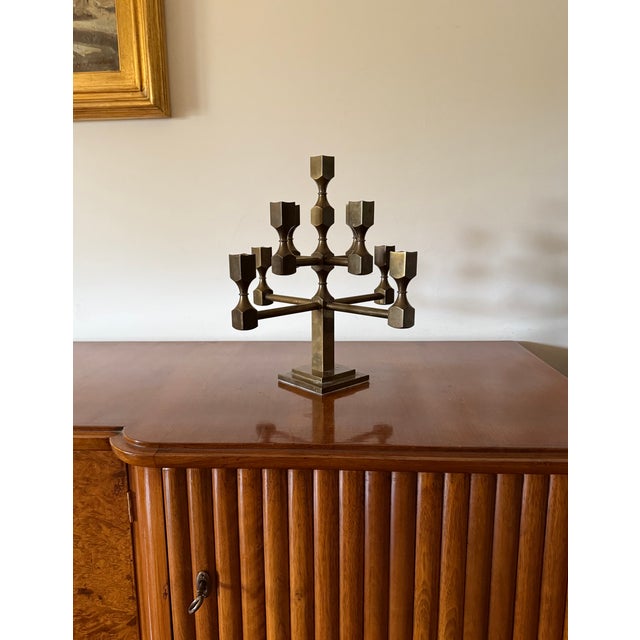 Modern Solid Brass Sculptural 9 Lights Candelabra, Lars Bergsten, Gusum Sweden 1992 For Sale - Image 13 of 15