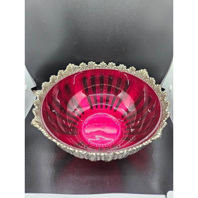 Vintage Silver Plated Ruby Red Glass Console Bowl Godinger