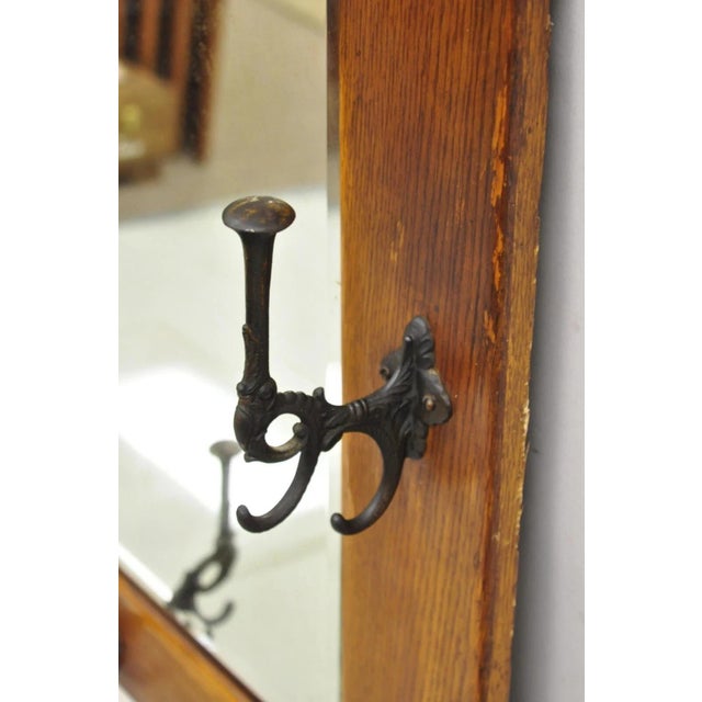 Antique Arts & Crafts Mission Oak Wood Beveled Glass Hall Mirror Iron Coat Hooks For Sale - Image 12 of 12