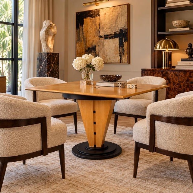 Striking 1980s Italian-designed pedestal game table blending Postmodern flair with Art Deco influences. This piece...