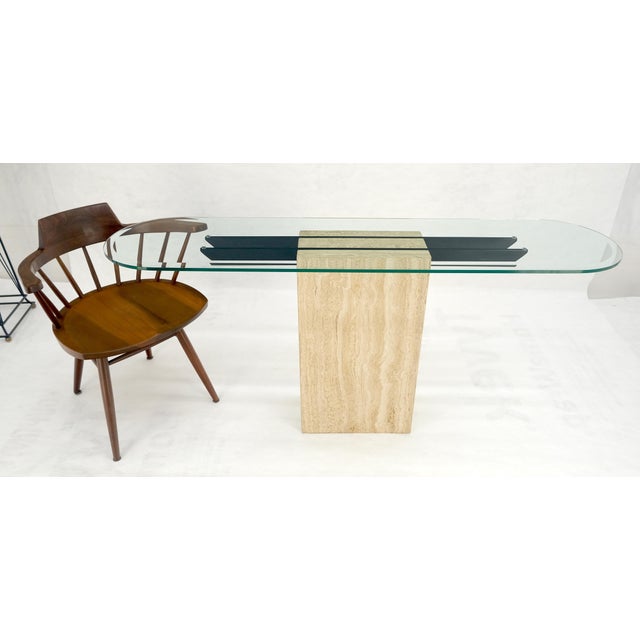 Transparent Italian c1970s Mid Century Modern Glass Top Single Travertine Base Console Table For Sale - Image 8 of 14