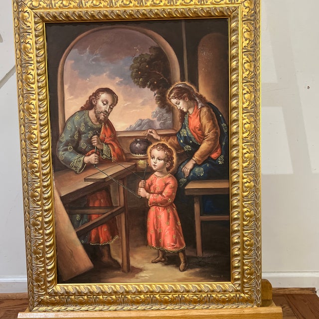 20th Century Cuzco Shool oil on canvas framed signed titled Work and Prayer