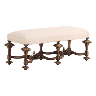 English Tudor Style Carved and Gilt Walnut Bench by Gill & Reigate, C 1900. For Sale