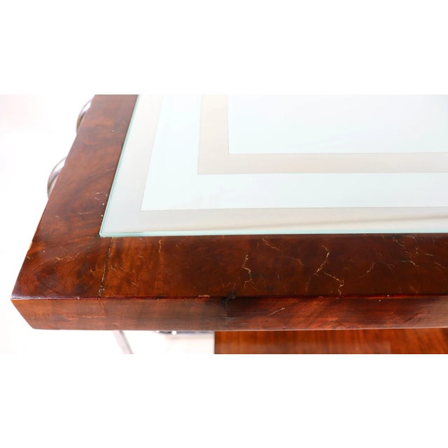 Circa 1930's French Art Deco Burl Walnut With Frosted Glass Mirror Top Side Table For Sale - Image 10 of 13