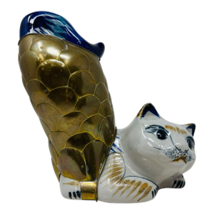 Vintage Large Tonala Mexican Stretching Cat Ceramic and Brass Figurine