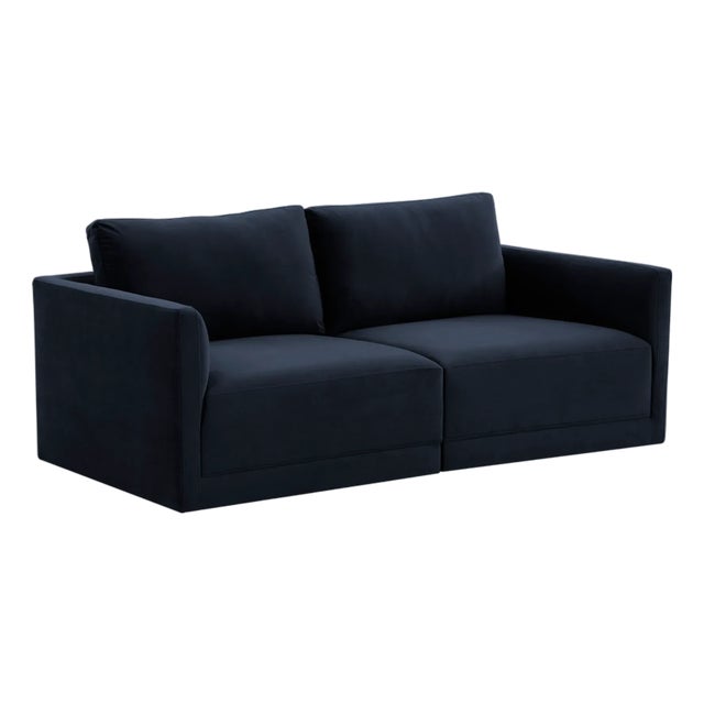 Wood Willow Navy Modular Performance Velvet Loveseat For Sale - Image 7 of 7