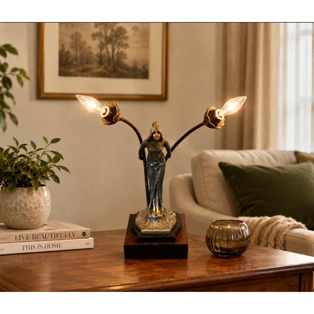 Antique Art Nouveau Figural Spelter “Lady" Table Lamp, 12” High For Sale - Image 9 of 9