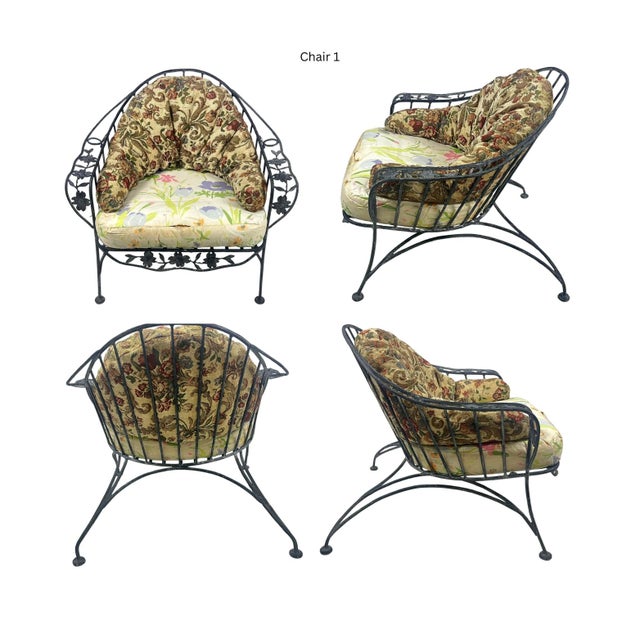 Mid-Century Modern 1950s Iron Patio Chairs in the Chantilly Rose Style - Set of 2 For Sale - Image 3 of 8