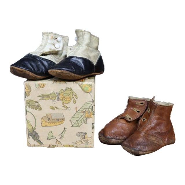 Antique Victorian Children’s Shoes & Illustrated Keepsake Box, 3-Piece Group For Sale