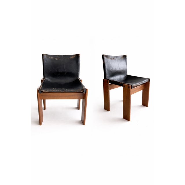 Wonderful Monk Chairs designed by Afra & Tobia Scarpa for Molteni, Italy, 1974. Wood structure with black leather, as...