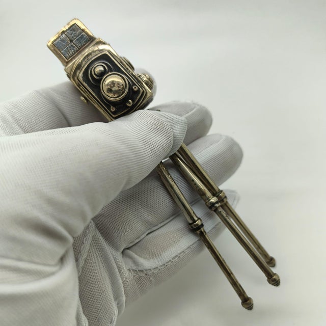 Rare and highly theatrical vintage sculpture depicting a camera on a tripod, handcrafted in italy between the 1960s and...