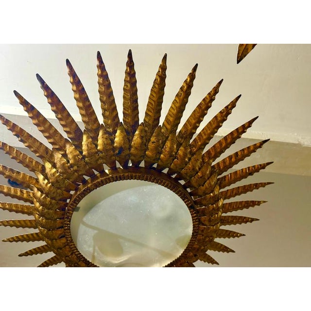 Large Spanish Sunburst Flush Mount in Gilt Metal, 1950, Set of 2 For Sale - Image 4 of 6