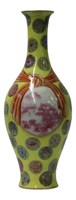 Chinese Yellow Color Ceramic Oriental Scenery Pattern Vase
