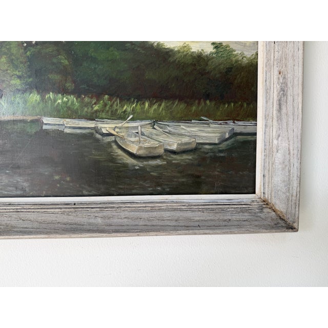 Wood 1960s Mid Century Impressionist Lake – Red Canoe Oil on Masonite Board, Framed For Sale - Image 7 of 13