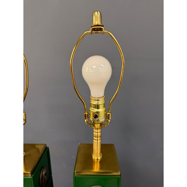1970s Neoclassical Style Green Column Lamps With Brass Medallions W/Brass Base - a Pair For Sale - Image 9 of 11