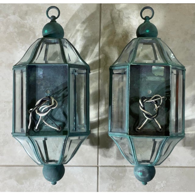 Pair of Vintage Solid Brass & Beveled Glass Wall Lantern - Sconces - Verdigris For Sale - Image 10 of 14