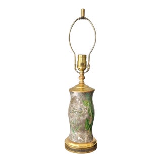 Vintage Botanical Reverse-Decoupage Glass Table Lamp With Pierced Brass Base For Sale