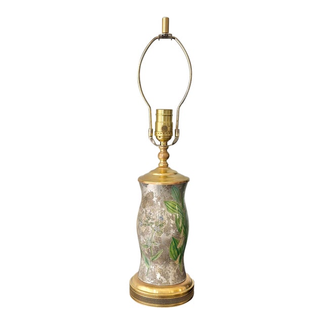 Vintage Botanical Reverse-Decoupage Glass Table Lamp With Pierced Brass Base For Sale