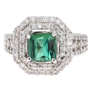 3.04 Carat Green Tourmaline and Diamond Ring 14 Karat White Gold Ring, Size 7 For Sale