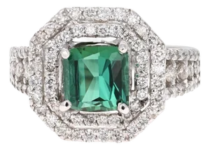 3.04 Carat Green Tourmaline and Diamond Ring 14 Karat White Gold Ring, Size 7