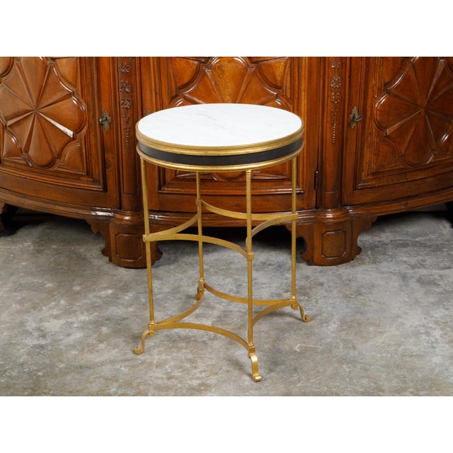 Metal Italian Midcentury Gilt Metal Table with Marble Top and In-Curving Stretchers For Sale - Image 7 of 10