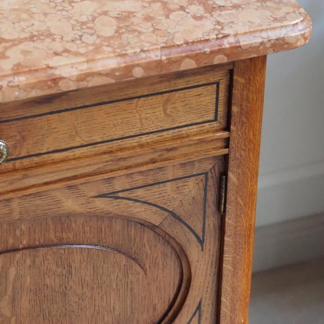 Antique Louis XVI Style Bedside Tables in Oak and Marble, 1920, Set of 2 For Sale - Image 12 of 17