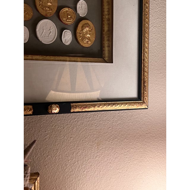 Gold Neoclassical Revival Parcel Gilt and Painted Shadow Box Frame With Grand Tour Gilded & Plaster Intaglio Set For Sale - Image 8 of 11