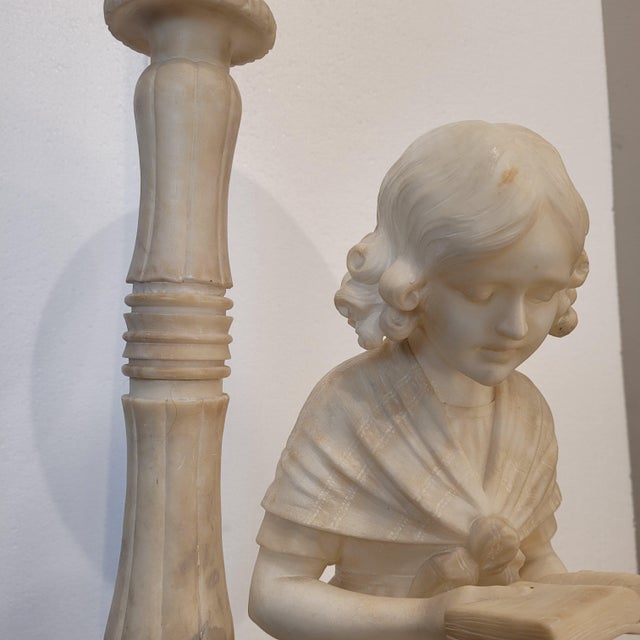 Early 20th Century Art Nouveau Girl Reading Table Lamp in Alabaster, Italy, 1920s For Sale - Image 17 of 18