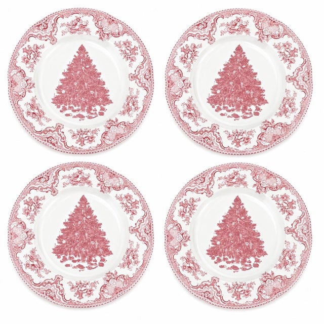 Victorian Johnson Brothers Old Britain Castles Pink Christmas Tree Dinnerware Set – 4 Dinner Plates, 4 Salad Plates & 4 Mugs – Made in England - 12 Pieces For Sale - Image 3 of 12