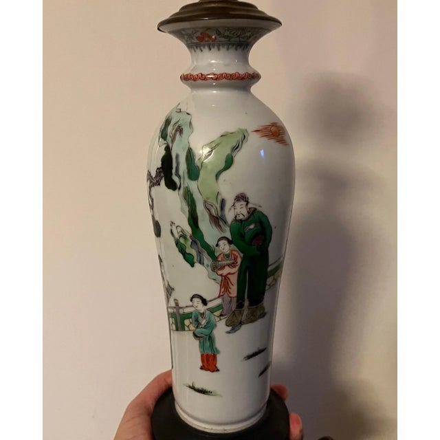 Chinoiserie Antique 19th Century Chinese Export Porcelain Vase in Famille Vert Glaze Mounted as a Lamp For Sale - Image 3 of 13