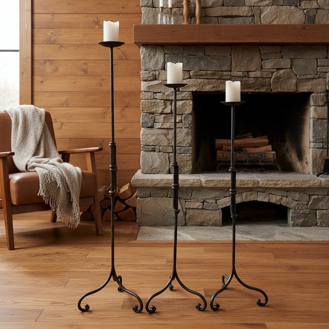 Rustic Hand Forged Iron Candelabra Set of 3 (90-110cm) Antique Copper Finish Iron Bamboo Stem with Scroll Base Estate Set For Sale - Image 3 of 6