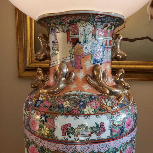 Pair of Large Table Lamps Rose Medallion 19th Century Porcelain Palace Vases Custom Made Globe Lamps For Sale - Image 10 of 12