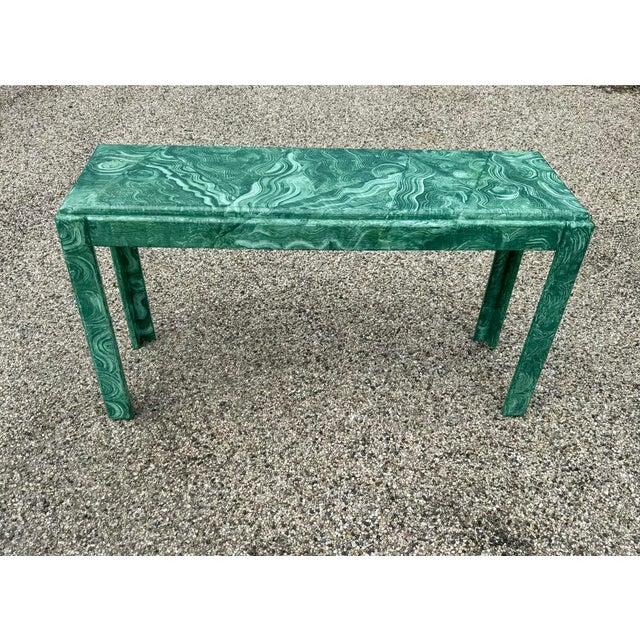 Fabulous vintage faux malachite sofa table, a striking example of the enduring appeal of Palm Beach and Hollywood Regency...